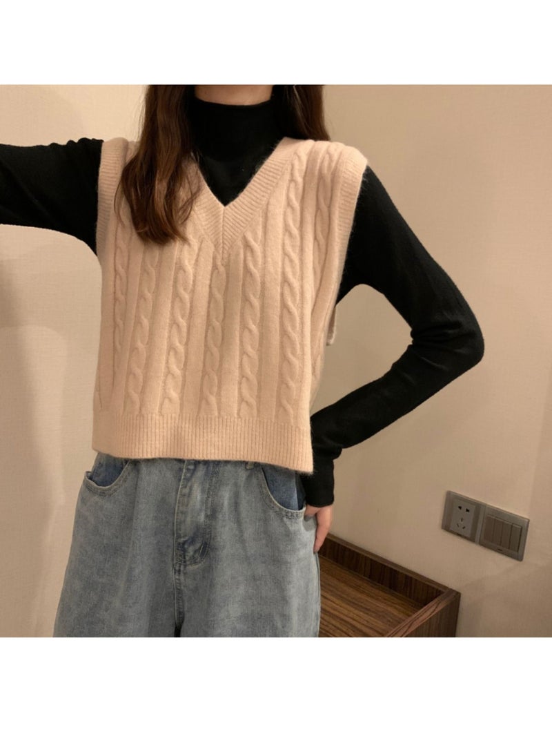 NIBEMINENT Vest Women Solid Loose Korean Student Sleeveless Knitted V-Neck Autumn Sweater Vest Female Coats Simple Outwear Pullover Tops - Image 2