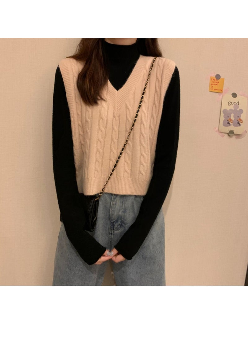 NIBEMINENT Vest Women Solid Loose Korean Student Sleeveless Knitted V-Neck Autumn Sweater Vest Female Coats Simple Outwear Pullover Tops - Image 3