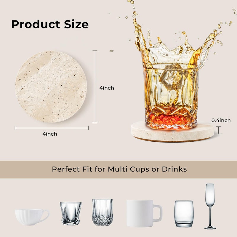 WORHE Natural Travertine Marble Coasters Set of 4-4" Round Stone Drink Coasters, Non-Slip Cork Backing, Housewarming Gift, Wedding, Protect Tables from Stains & Scratches (BD140) - Image 3