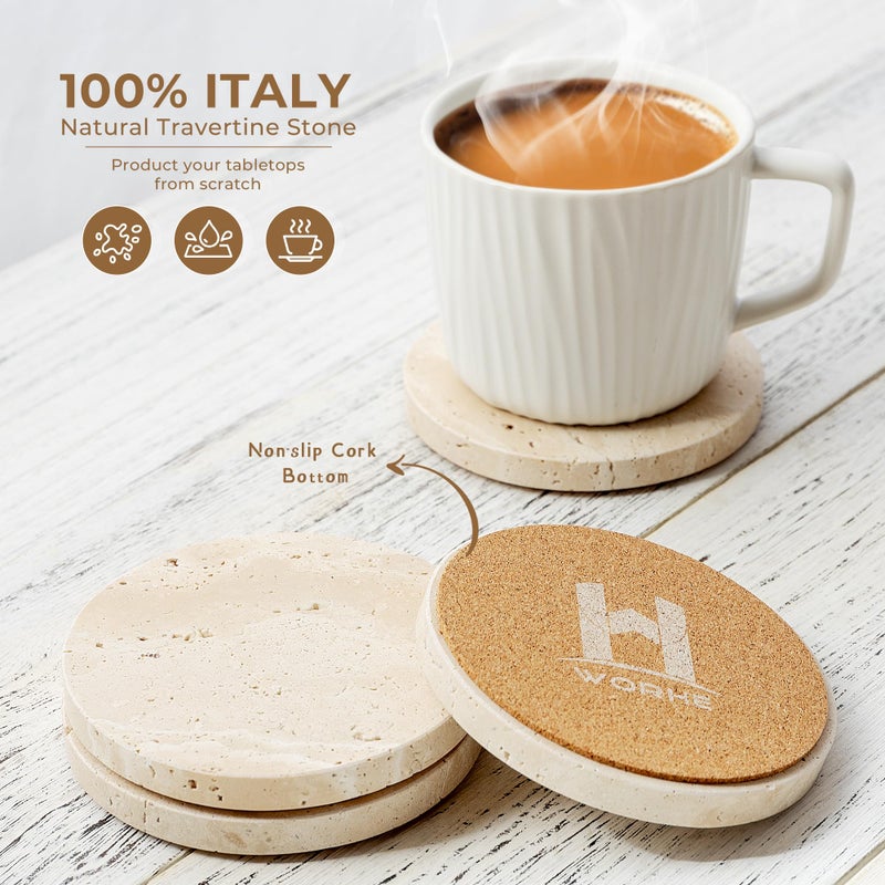 WORHE Natural Travertine Marble Coasters Set of 4-4" Round Stone Drink Coasters, Non-Slip Cork Backing, Housewarming Gift, Wedding, Protect Tables from Stains & Scratches (BD140) - Image 4