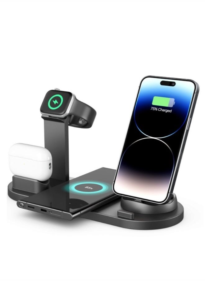ميجا ديل قاعدة شحن لاسلكية متعددة الوظائف للهاتف المحمول أربعة في واحد مناسبة لأجهزة iPhone/iWatch/AirPods، مع حامل شحن للساعة.  - Image 1