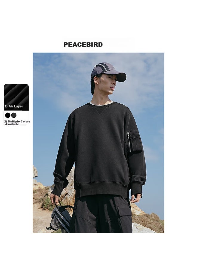 Taipingniao Men's Sweatshirt, Casual Spring Style, Pocket Patchwork, Round Neck Top, Trendy And Versatile, Black, M Size