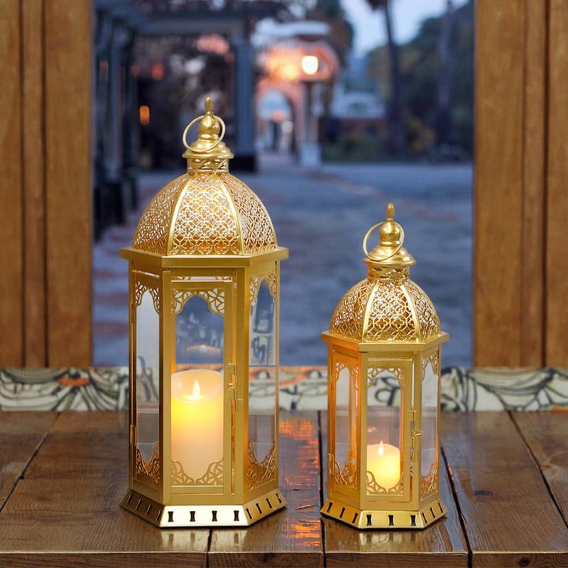 JHY DESIGN Set of 2 Outdoor Candle Lanterns 22"&17" H Decorative Vintage Metal Candle Holders for Garden Porch Indoor Outdoor Parties Weddings Patio Home Decor(Gold) - Image 5
