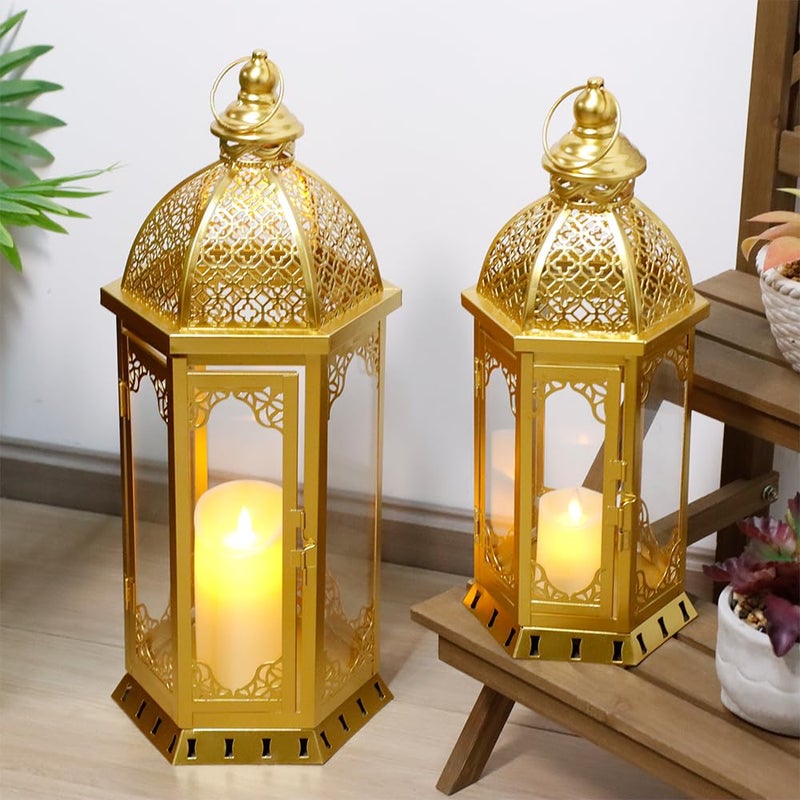 JHY DESIGN Set of 2 Outdoor Candle Lanterns 22"&17" H Decorative Vintage Metal Candle Holders for Garden Porch Indoor Outdoor Parties Weddings Patio Home Decor(Gold) - Image 1