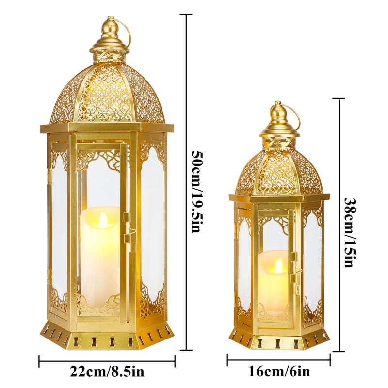 JHY DESIGN Set of 2 Outdoor Candle Lanterns 22"&17" H Decorative Vintage Metal Candle Holders for Garden Porch Indoor Outdoor Parties Weddings Patio Home Decor(Gold) - Image 2
