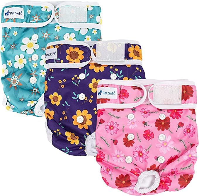 Pet Soft Reusable Dog Nappies Female - Washable Period Dog Puppy Diapers, Incontinence Dog Nappy Pants 3Pack (Flowers three, XL) - Image 1
