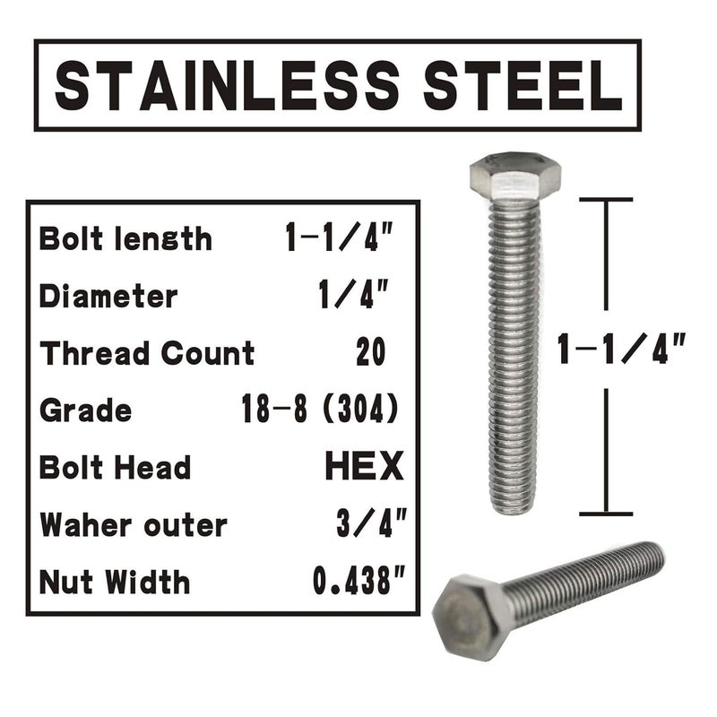 Fullerkreg (10 Sets) 1/4-20x1-1/4 Stainless Steel Hex Head Screws Bolts, Nuts, Flat & Lock Washers, 18-8 (304) S/S, Fully Threaded by Bolt - Image 2