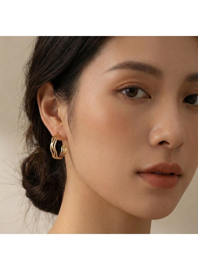 AMETOER 18K Gold Plated Stainless Steel Fashion Earrings - eometric Wave Line Earrings for Women - Image 2