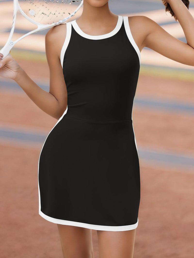 Fisoew Womens Tennis Mini Dress with Built-in Shorts & Bra Open Back Sleeveless Golf Gym Workout Tank Dresses Black - Image 3