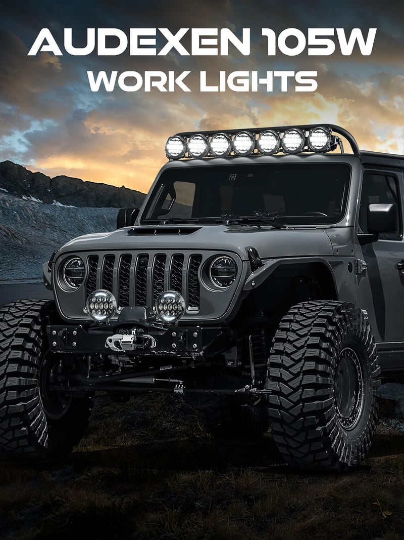 AUDEXEN LED Work Lights, 7 Inch 105W Round Spot LED Pods Light Bar High/Low Beam DRL with Adjustable Mounting Bracket Compatible with Jeep Off Road 4WD Truck SUV UTV ATV Driving Lamp, 2 PCS - Image 5