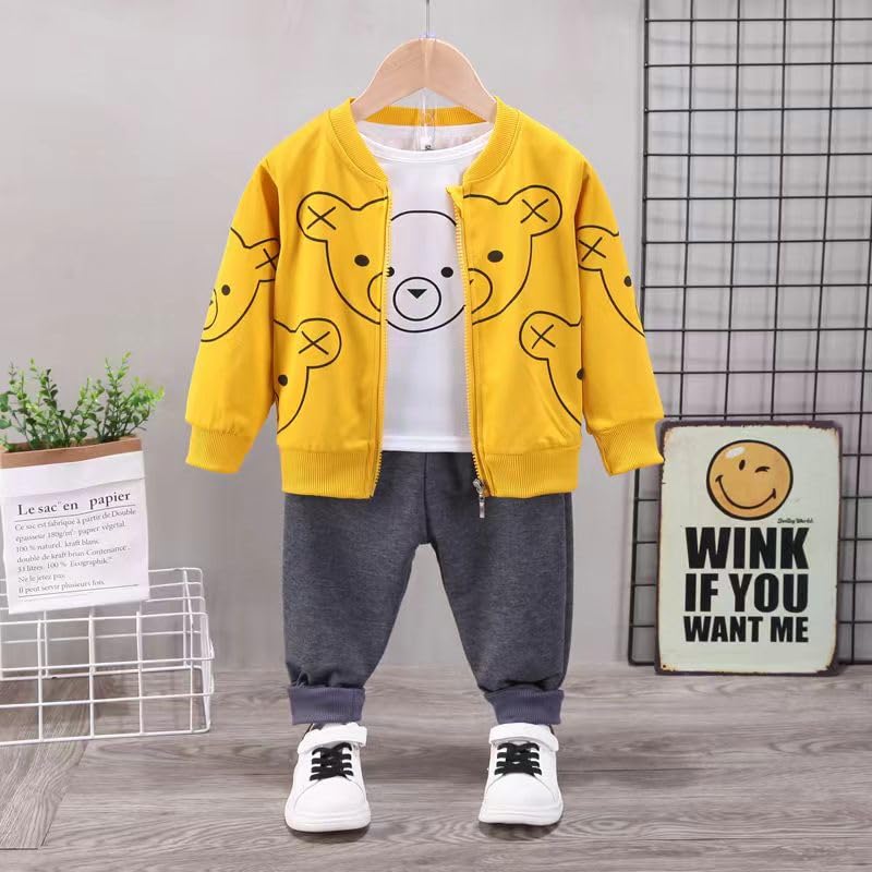 Bold N Elegant Fun Cartoon Bear Kids T-shirt with Jacket & Jogger Pants 3 piece Winter Clothing Set for Infant Toddler Baby Boys Girls (Yellow, 2-3 Years) - Image 2