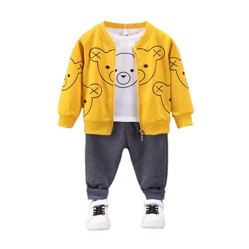 Bold N Elegant Fun Cartoon Bear Kids T-shirt with Jacket & Jogger Pants 3 piece Winter Clothing Set for Infant Toddler Baby Boys Girls (Yellow, 2-3 Years) - Image 3