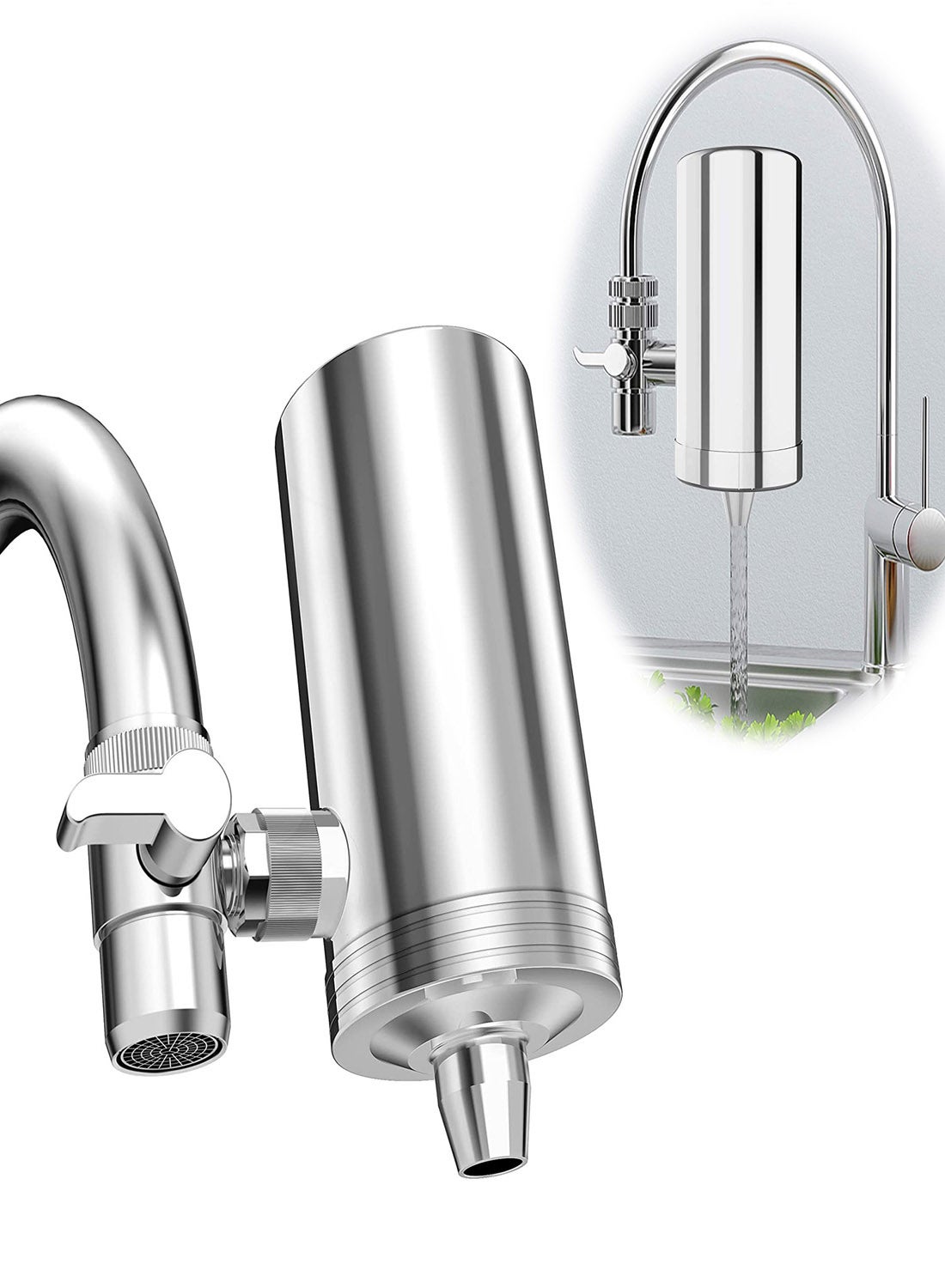Faucet Water Filter, 1200 Gallons Kitchen Water Purifier Stainless Steel Faucet Mount Water Filtration System Remove Chlorine, Odor, and Sediment, Improve Taste, 5-in-1 Function Water Faucet Filter