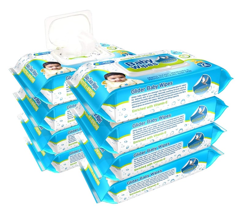 Glider Baby Wipes - with Moisture Lock Flip-Top, Contains Aloe Vera & Vitmain E, pH balanced with No Parabens & Chlorine (Pack of 8 (576 Wipes)) - Image 1