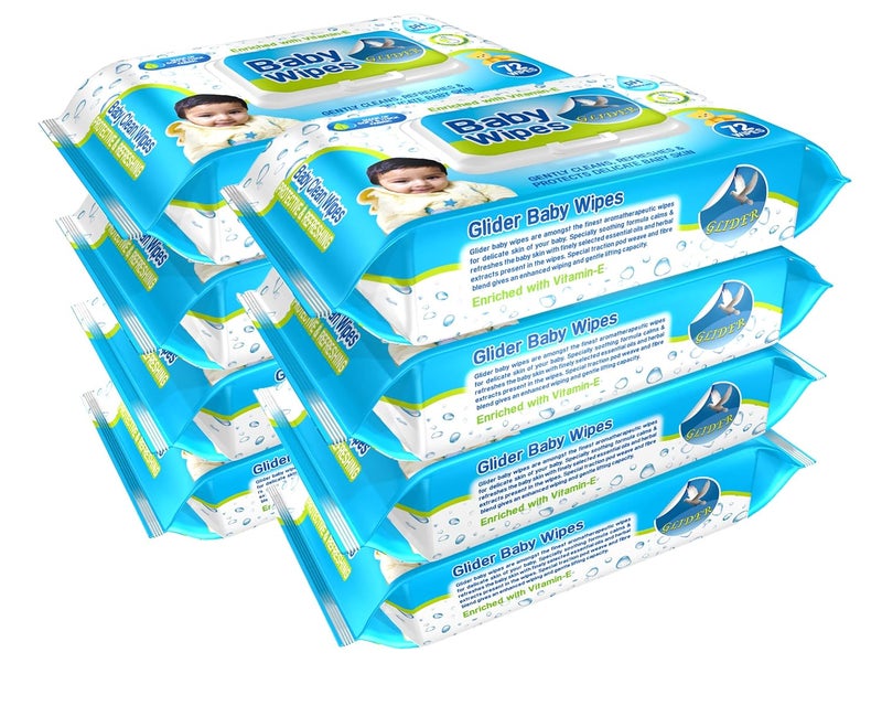 Glider Baby Wipes - with Moisture Lock Flip-Top, Contains Aloe Vera & Vitmain E, pH balanced with No Parabens & Chlorine (Pack of 8 (576 Wipes)) - Image 2