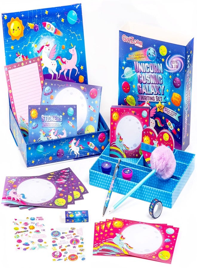 GirlZone Girls Stationery Set Unicorn Letter Writing Kit - 45-Piece, Multicolor, Letter Size - Pen Pal Kit for Kids with Stickers & Stampers - Image 1