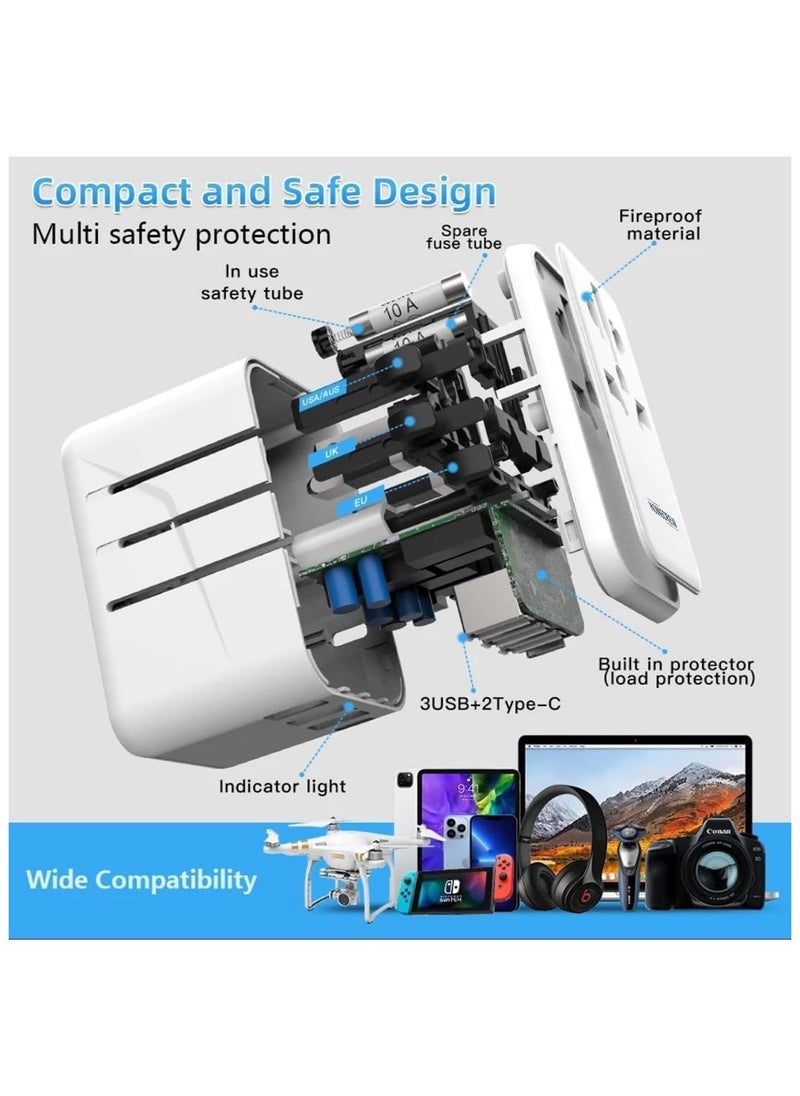 Generic - Universal Travel Adapter-Worldwide Plug Adaptor with 3 USB A and 2 USB C Ports, International Travel Adapter for EU, UK, USA, AU, Power Socket Charger - Image 1