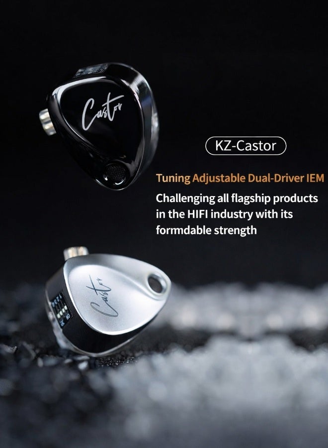 KZ Castor Harman iem Target Version IEM In-Ear Earphones – Dual Dynamic Drivers (10mm + 8mm), Tunable Sound with 4 Adjustment Switches (16 Profiles), Noise Isolating, 3.5mm, 0.75mm 2-Pin, Silver With Mic - Image 2