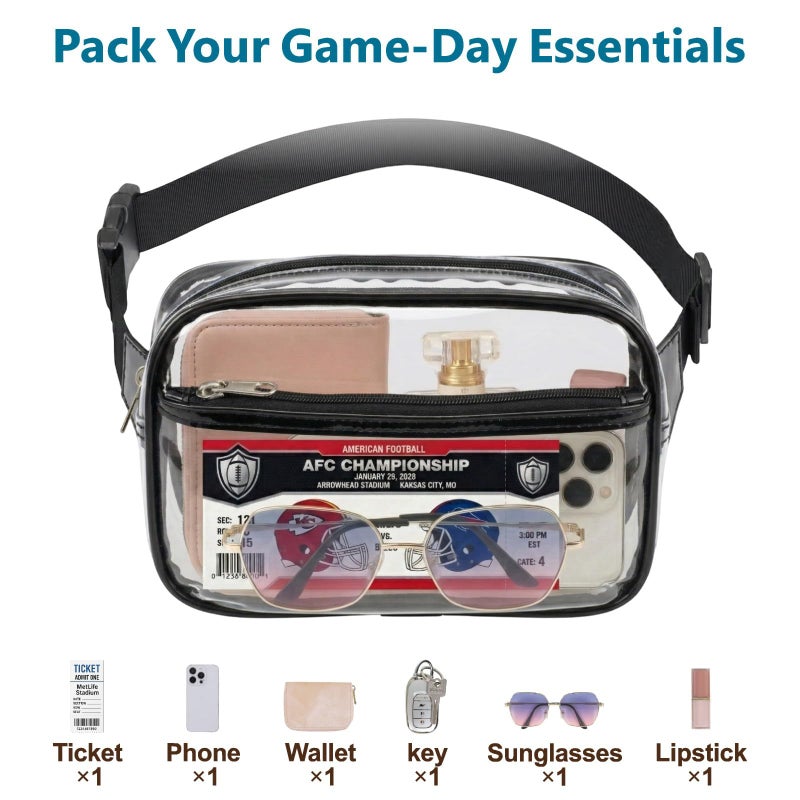 Veckle Clear Fanny Pack Stadium Approved - Plus Size 35-51 Inch Adjustable Strap Transparent Belt Bag for Women Men Fits 7.5" Smartphone, Crossbody Clear Bag for Stadium Events Sports Concerts, Black - Image 3