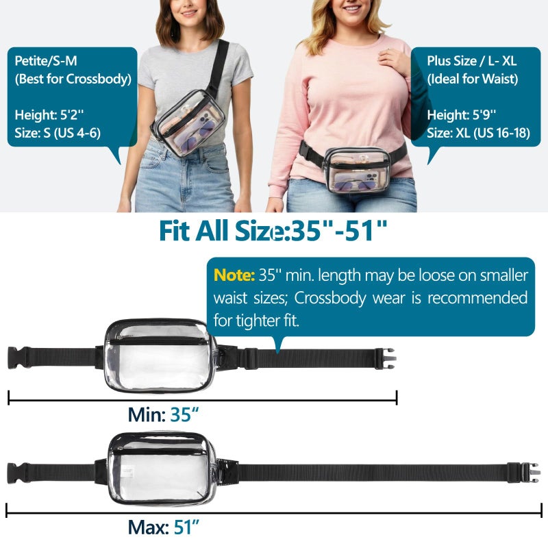 Veckle Clear Fanny Pack Stadium Approved - Plus Size 35-51 Inch Adjustable Strap Transparent Belt Bag for Women Men Fits 7.5" Smartphone, Crossbody Clear Bag for Stadium Events Sports Concerts, Black - Image 5