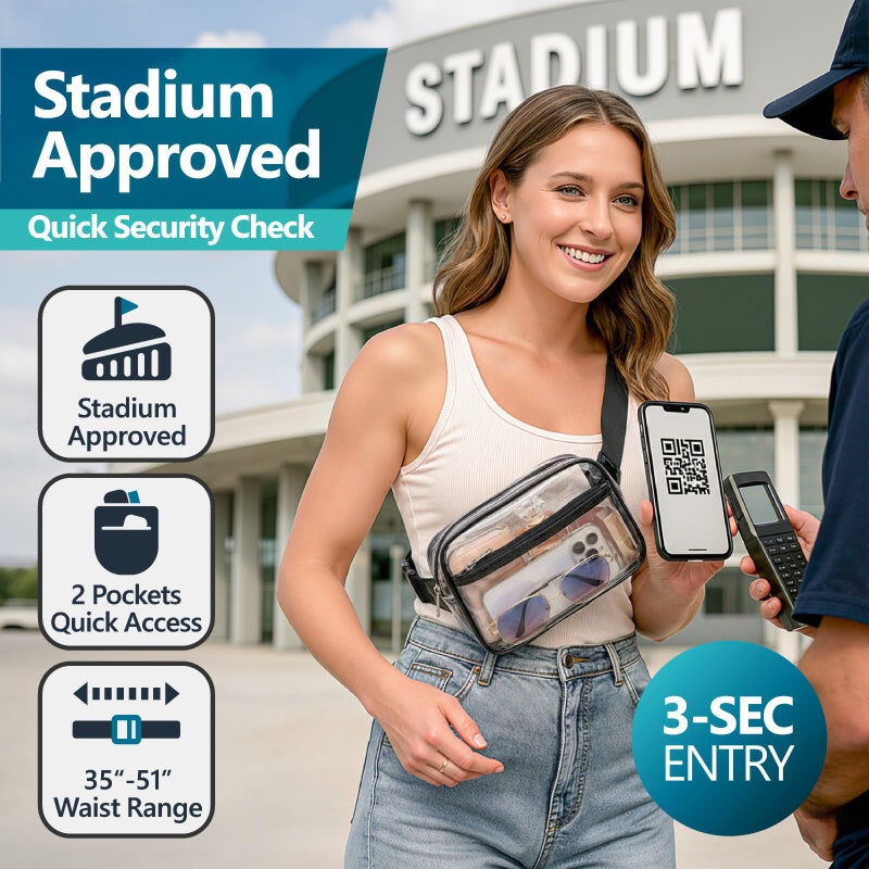 Veckle Clear Fanny Pack Stadium Approved - Plus Size 35-51 Inch Adjustable Strap Transparent Belt Bag for Women Men Fits 7.5" Smartphone, Crossbody Clear Bag for Stadium Events Sports Concerts, Black - Image 2