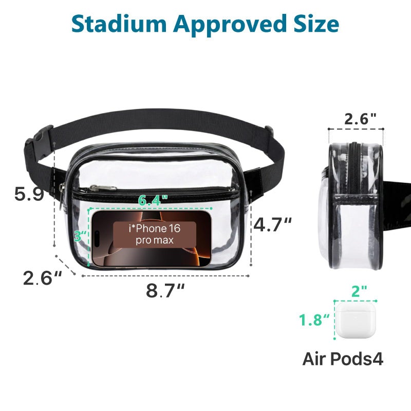 Veckle Clear Fanny Pack Stadium Approved - Plus Size 35-51 Inch Adjustable Strap Transparent Belt Bag for Women Men Fits 7.5" Smartphone, Crossbody Clear Bag for Stadium Events Sports Concerts, Black - Image 4