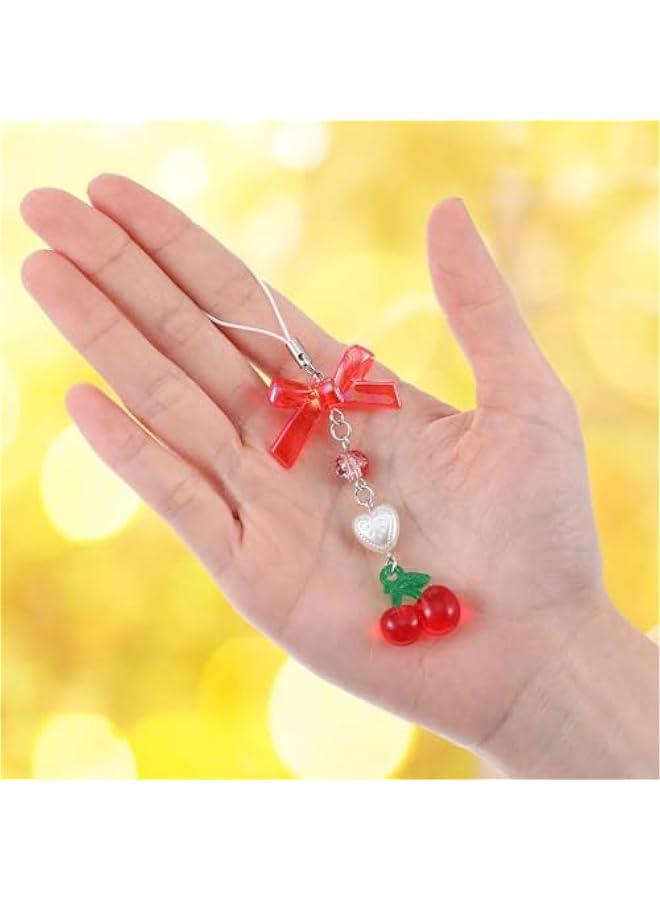 2Pcs Cherry Strawberry Phone Charm, Kawaii Strawberry Keychain Y2K Kpop Aesthetic Charms Cute Bowknot Beaded Phone Case Chain Lanyard for Women Girls Phone Bag Keychain Camera Pendants Decor  - Image 3
