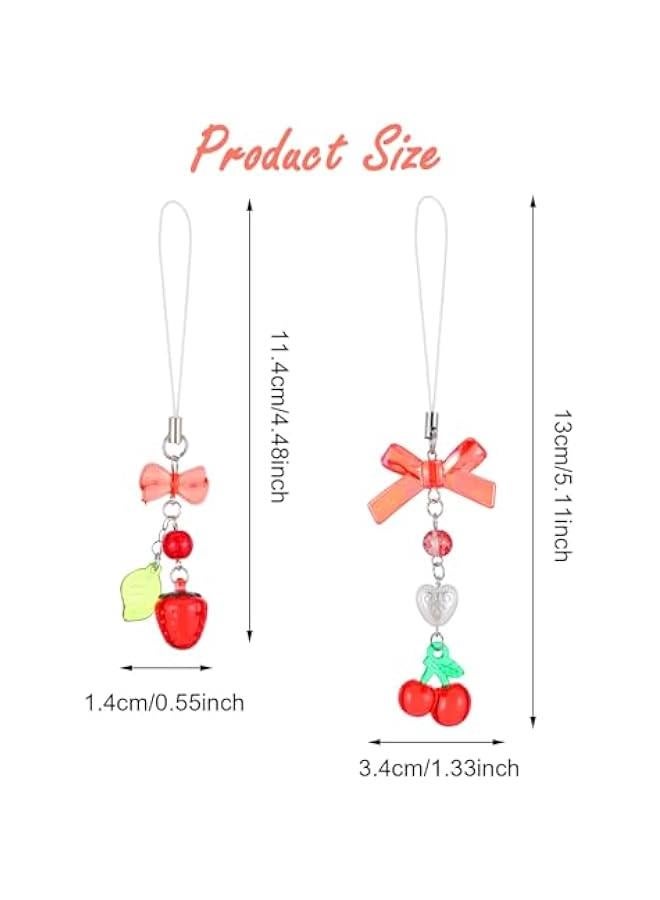 2Pcs Cherry Strawberry Phone Charm, Kawaii Strawberry Keychain Y2K Kpop Aesthetic Charms Cute Bowknot Beaded Phone Case Chain Lanyard for Women Girls Phone Bag Keychain Camera Pendants Decor  - Image 4