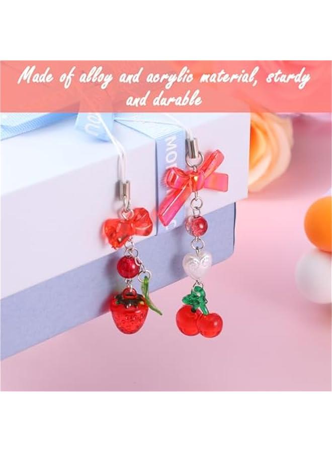 2Pcs Cherry Strawberry Phone Charm, Kawaii Strawberry Keychain Y2K Kpop Aesthetic Charms Cute Bowknot Beaded Phone Case Chain Lanyard for Women Girls Phone Bag Keychain Camera Pendants Decor  - Image 5