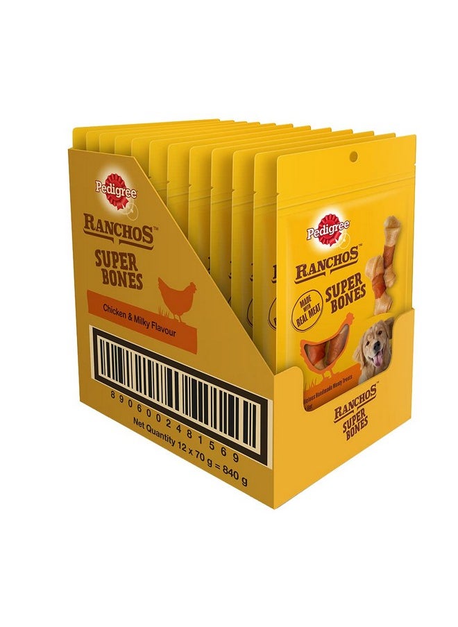 Pedigree Pedigree Ranchos Super Bones (1+ Years) Dog Treats, Chicken & Milky Flavour, 70 g (Pack of 12), Low-Fat Treat With No Added Sugar  - Image 1
