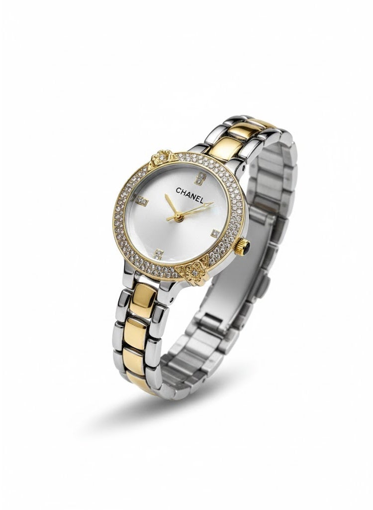 Chanel Women’s Two-Tone Stainless Steel Watch with White Dial and Crystal Bezel