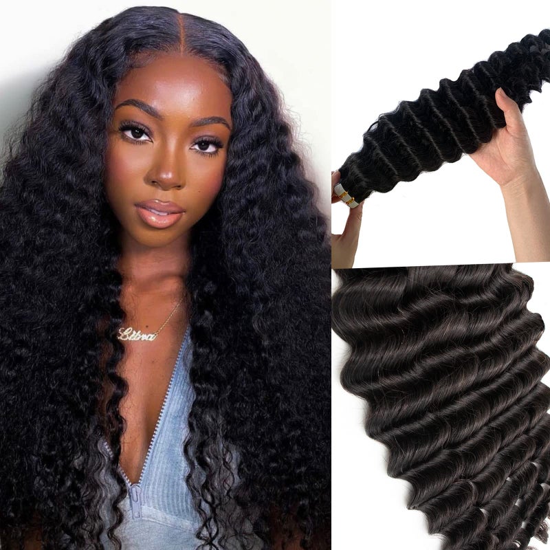 Smavida Tape in Hair Extensions Human for Black Women 16Inch Deep Wave 9A Brazilian Virgin Curly Double Sided Natural