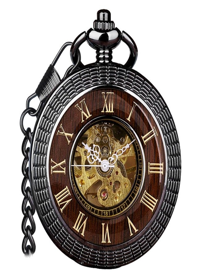 VIGOROSO Men's Hand-Wind Mechanical Pocket Watch Vintage Steampunk Wood Grain Hollow Design with Chain and Box, Black Roman - Image 1