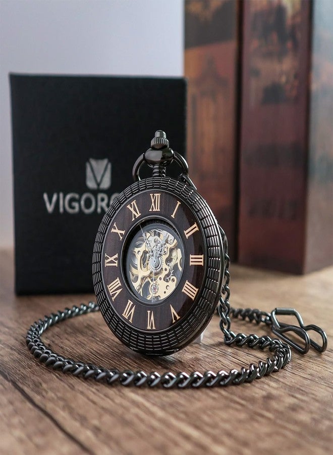 VIGOROSO Men's Hand-Wind Mechanical Pocket Watch Vintage Steampunk Wood Grain Hollow Design with Chain and Box, Black Roman - Image 3