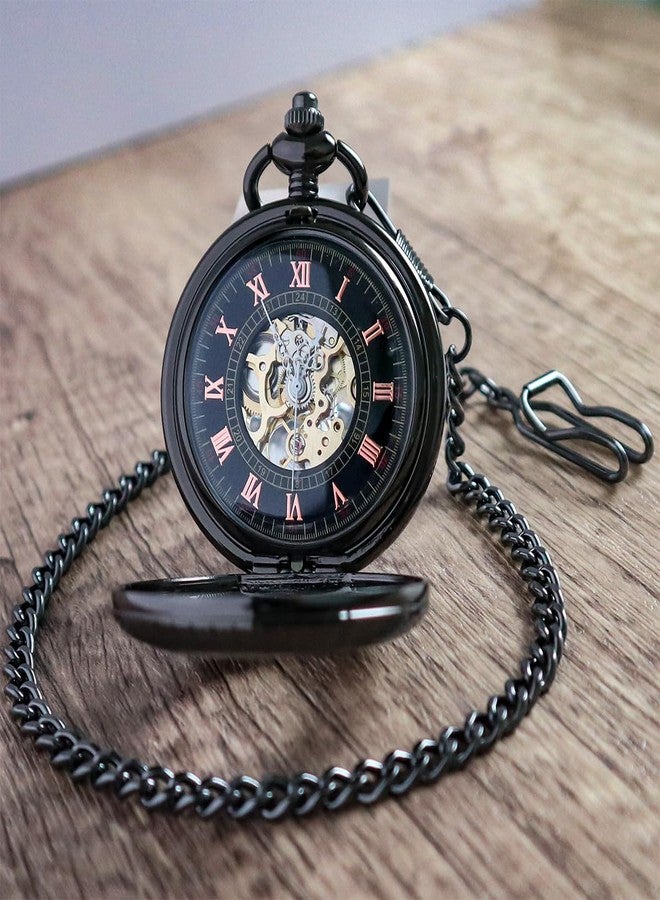 VIGOROSO Men's Hand-Wind Mechanical Pocket Watch Vintage Steampunk Wood Grain Hollow Design with Chain and Box, Black Roman - Image 4