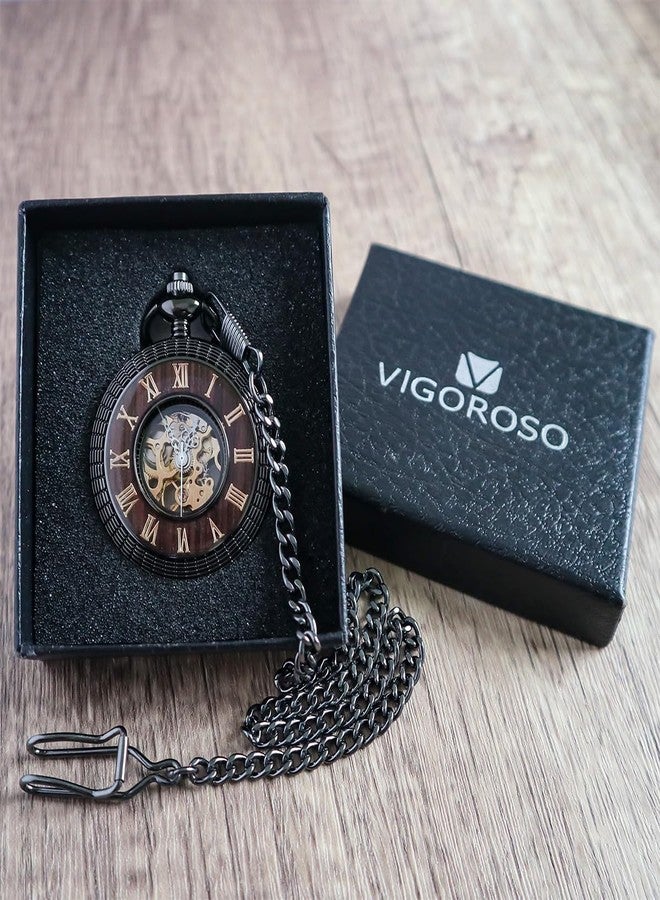 VIGOROSO Men's Hand-Wind Mechanical Pocket Watch Vintage Steampunk Wood Grain Hollow Design with Chain and Box, Black Roman - Image 5