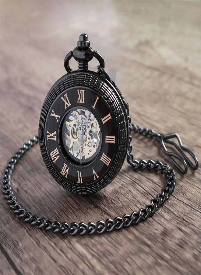 VIGOROSO Men's Hand-Wind Mechanical Pocket Watch Vintage Steampunk Wood Grain Hollow Design with Chain and Box, Black Roman - Image 2