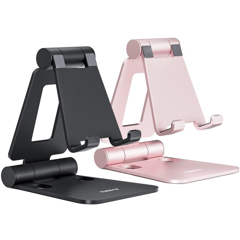 Nulaxy 2 Pack Dual Folding Cell Phone Stand, Fully Adjustable Foldable Desktop Phone Holder Cradle Dock Compatible with iPhone 17 16 15 14 13 12 Pro Max Xs Xr, All Phones, Black & Rose Gold - Image 1