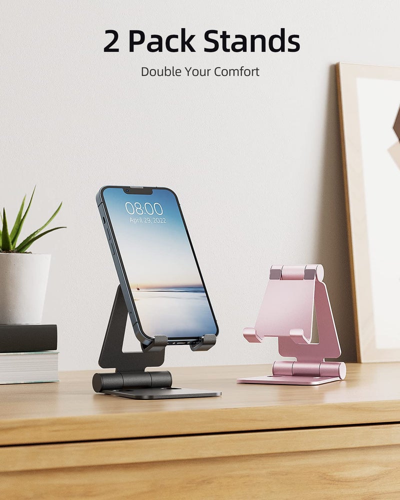 Nulaxy 2 Pack Dual Folding Cell Phone Stand, Fully Adjustable Foldable Desktop Phone Holder Cradle Dock Compatible with iPhone 17 16 15 14 13 12 Pro Max Xs Xr, All Phones, Black & Rose Gold - Image 2
