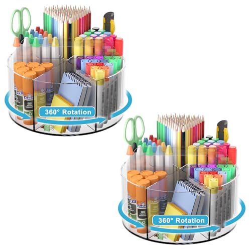 Wawocs Acrylic Desk Organizer Clear Pen Holder 2 Packs, 360 Degree Pencil Holder for Desk Kids, Rotating Lazy Susan Organizer for School Supplies, Marker Holder Art Supply Storage Organizer with Dividers - Image 1