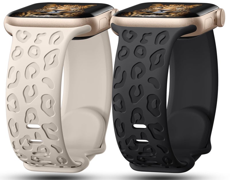 IKANFI 2Pack Leopard Engraved Bands Compatible with Apple Watch Band 49mm 46mm 45mm 44mm 42mm Women, Silicone Cheetah Sport Strap for iWatch Series SE 10 9 8 7 6 5 4 3 2 1,Ultra-BKSL-42 - Image 1