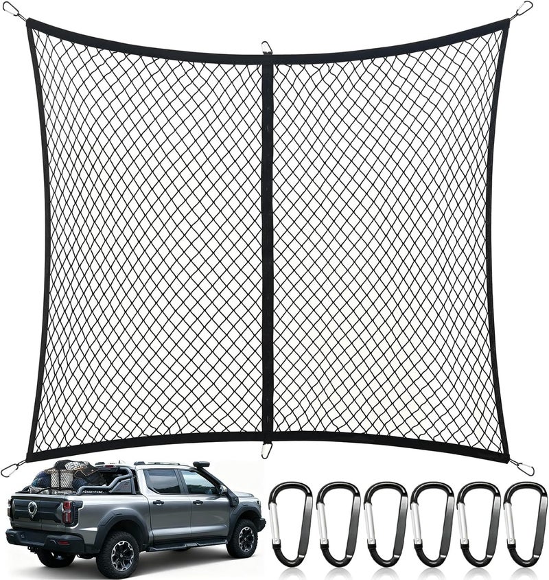 Ezfilet Cargo Net for Pickup Truck Bed, Highly Elastic Truck Bed Net, Suitable for Daily Light Loads of Trucks, 4'x4' Stretches to 7'x7', with 6 Metal Carabiners - Image 1