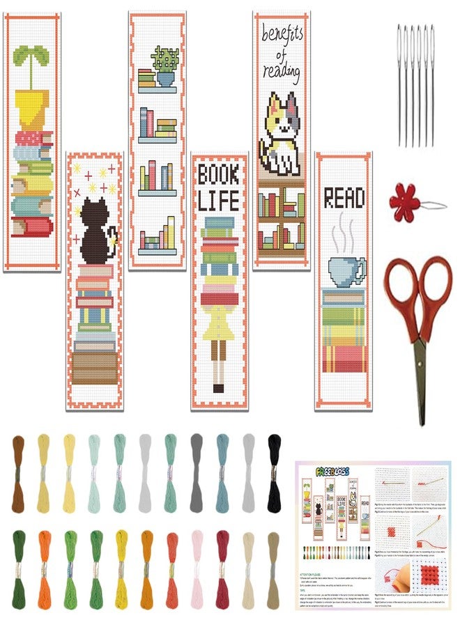 FREEBLOSS 6 Set Cross Stitch Bookmark Kit Cross Stitch Kit Cute Stamped Embroidery Bookmark with Instruction for Adults DIY Stitching Kits 8''x2.4'' - Image 1