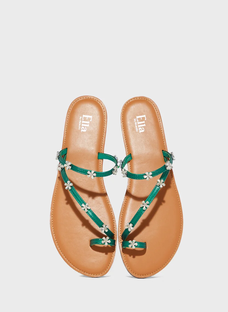 ELLA Toe Post Detail Flat Sandal With Floral Diamante