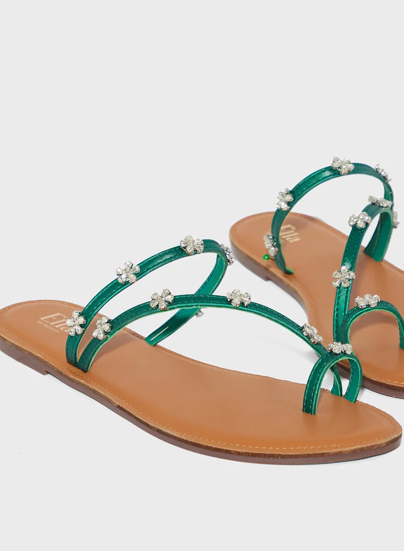 ELLA Toe Post Detail Flat Sandal With Floral Diamante
