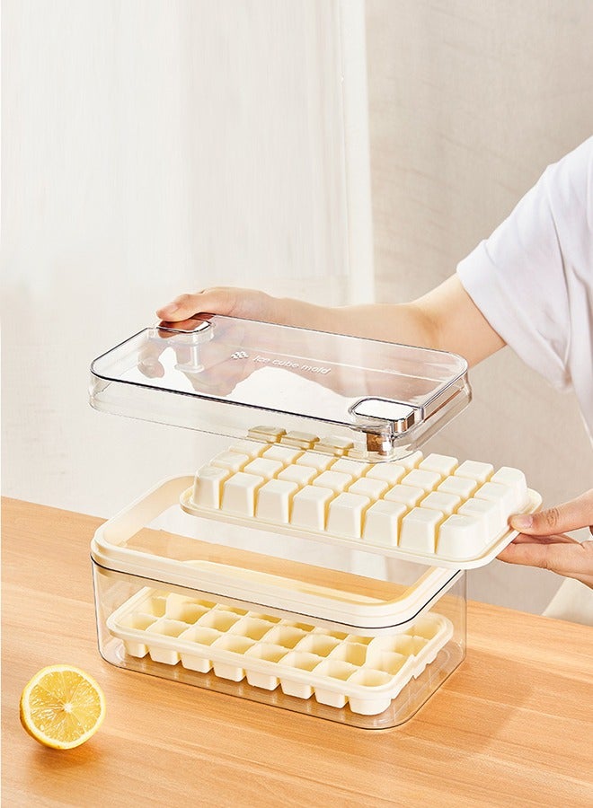 فن كوخ صينية مكعبات الثلج مع غطاء وصندوق، عبوة من قطعتين للفريزر، 64 قالب مكعبات ثلج، للشقة/العربة المتنقلة/ثلاجة المطبخ المنزلي (أبيض كريمي) - Image 1