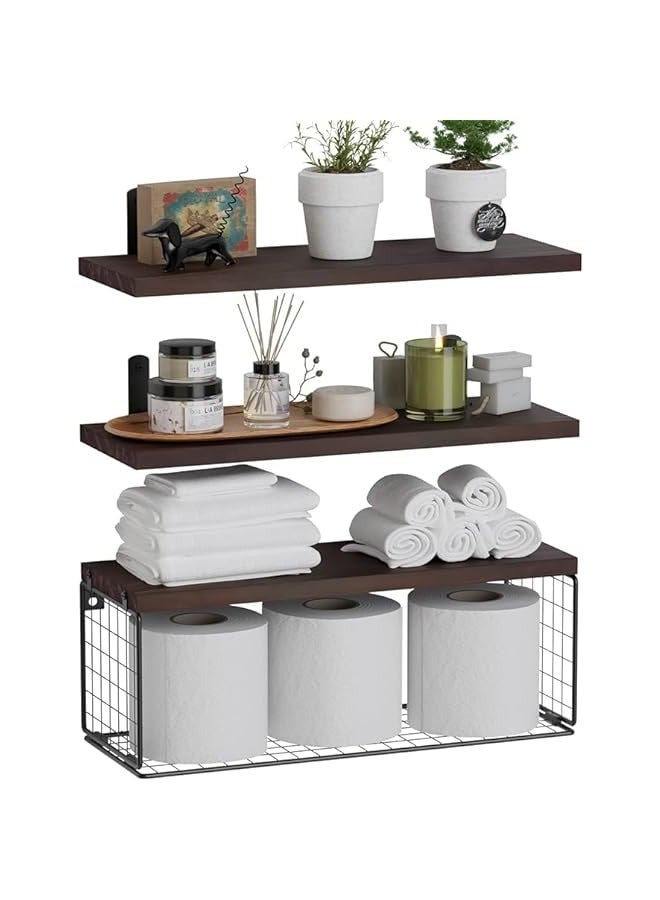 MIXDE Rustic Brown Floating Bathroom Shelf with Wire Basket - Wall Mounted Toilet Storage  - Image 1
