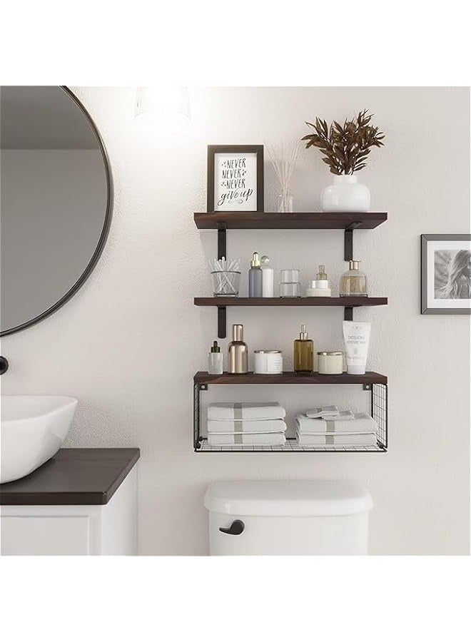MIXDE Rustic Brown Floating Bathroom Shelf with Wire Basket - Wall Mounted Toilet Storage  - Image 2