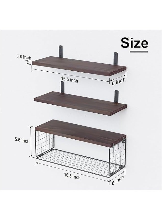 MIXDE Rustic Brown Floating Bathroom Shelf with Wire Basket - Wall Mounted Toilet Storage  - Image 3