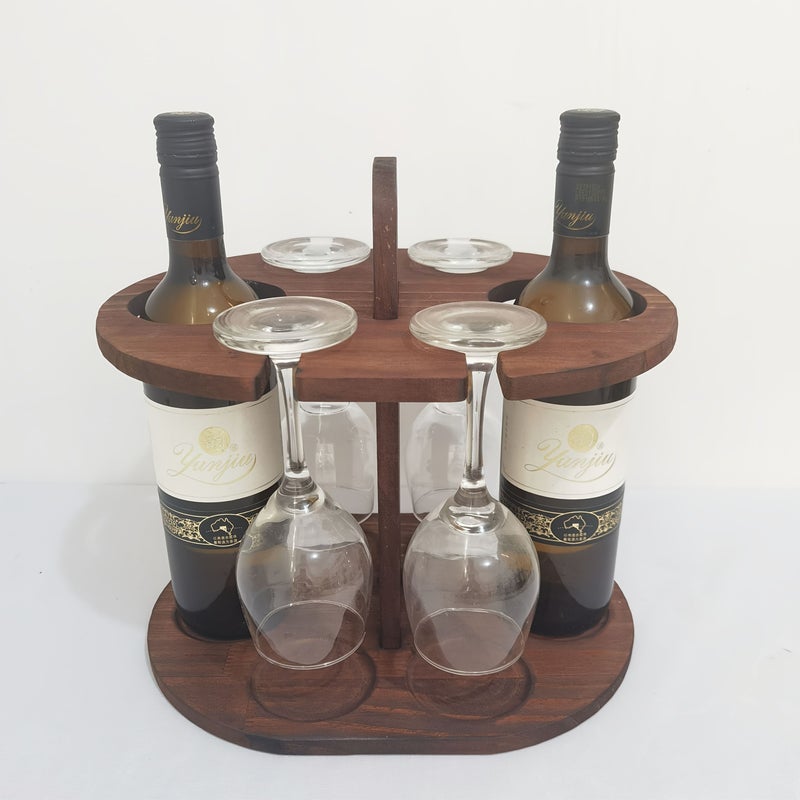 Wooden Wine Glass Display Stand Inverted Storage Carbonized Color 4 Bottle 4 Glass Capacity Space Saving Design For Home Bar Kitchen Dining Room Durable Painted Finish - Image 1
